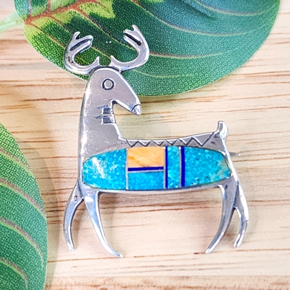 Signed Southwestern Inlaid Turquoise & Sterling Silver Deer Brooch/Pin